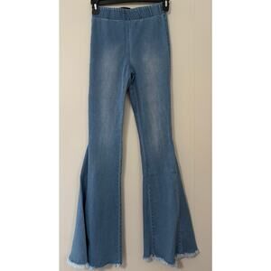 Newbury Kustom Small Light Wash Elastic Waist Raw Hem Pull On Super Flare Jeans